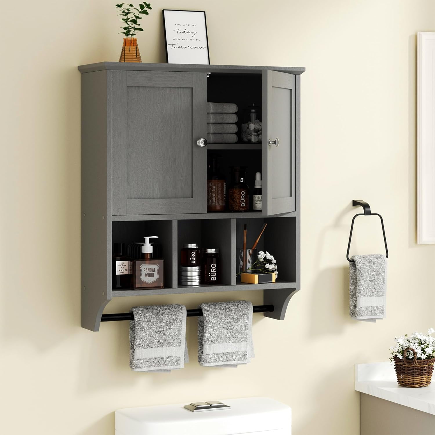 Wall-Mounted Bathroom Cabinet with Doors and Towel Bar, Over Toilet ...