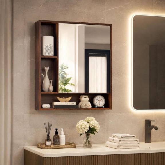 Wall Mounted Bathroom Cabinet with Mirror, Single Door, Walnut, Hidden and Open Storage
