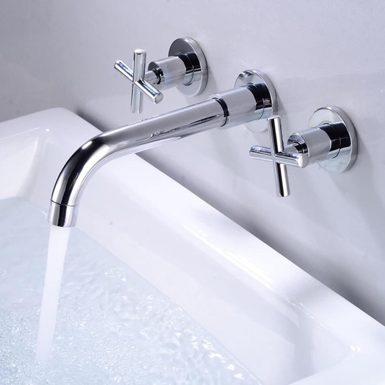 Wall Mounted Bathroom Faucet, Solid Brass Bathroom Faucets, 360 Swivel Spout Sink Faucet, Cross Handles, Wall-Mounted Bathroom Sink Faucet, Gold