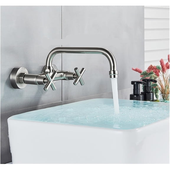 Wall Mounted Bathroom Kitchen Faucet Dual Handle Brass Antique Hot and Cold Water Tap 360 Swivel Long Spout Kitchen Mixer Tap