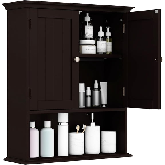 Wall Mounted Bathroom Medicine Cabinet with Adjustable Shelf & 2 Doors, Space-Saving Storage, Brown