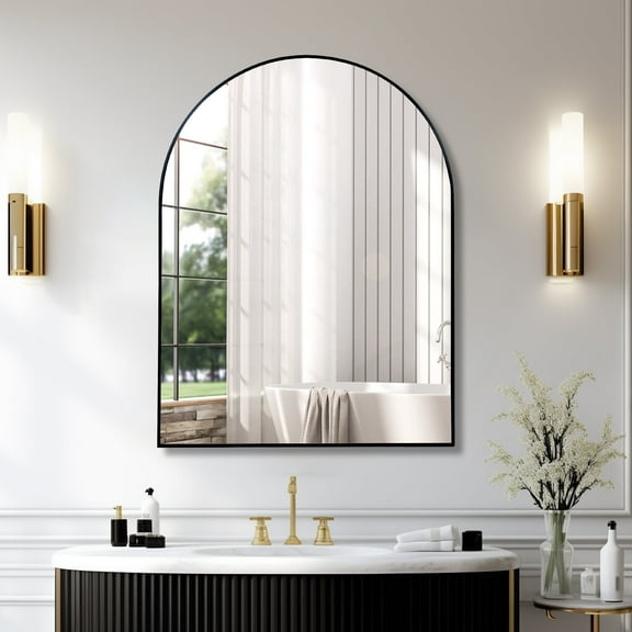 Wall Mounted Bathroom Mirrors 30x40 Inch Black Metal Framed Arched Bathrrom Mirror for Wall.,Frameless Bathroom Mirrors