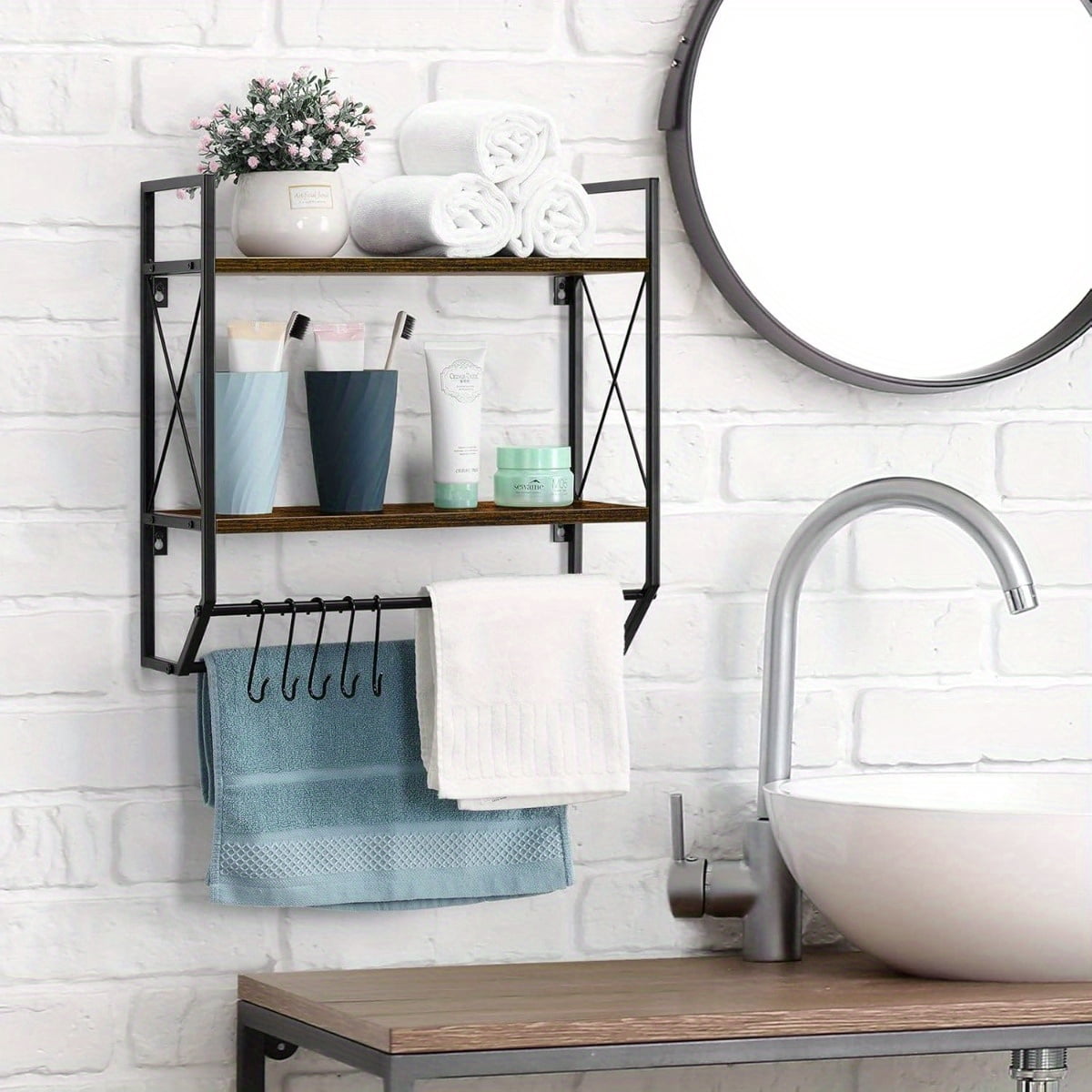 Wall Mounted Bathroom Shelf 2 Tier Metal Industrial Towel Rack with ...