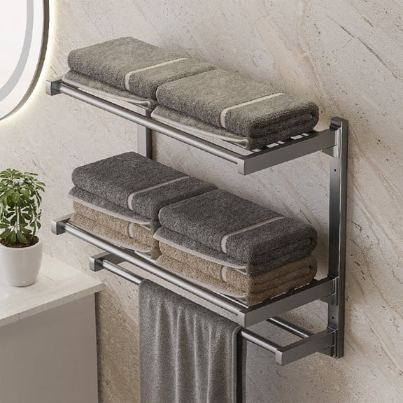 Wall Mounted Bathroom Shelf, No Drill Towel Rack with Double Rods, Metal Storage Shelves for Kitchen and Bathrooms, Gray Aluminum Decor Rack Space Saving Furniture