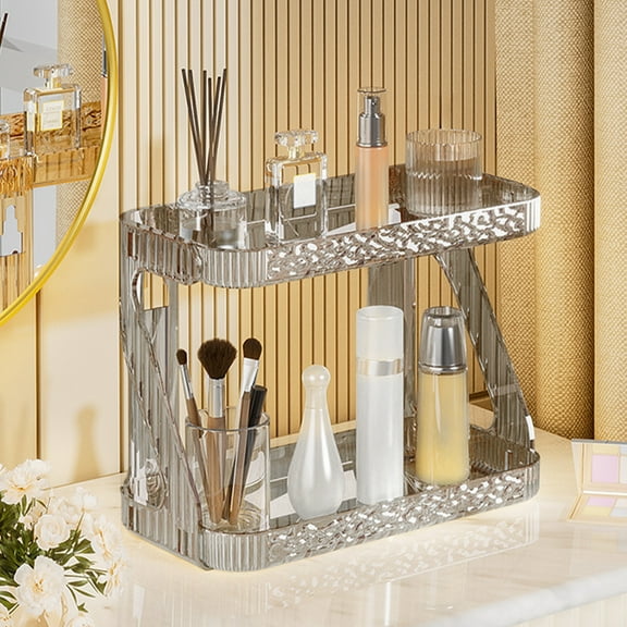 Wall Mounted Bathroom Shelf Organizer, 2-Tier No Drill Storage Rack for Shower, Vanity, Kitchen, Gray Waterproof Bathroom Shelving for Toiletries, Cosmetics, Plants, Modern Space Saving Design