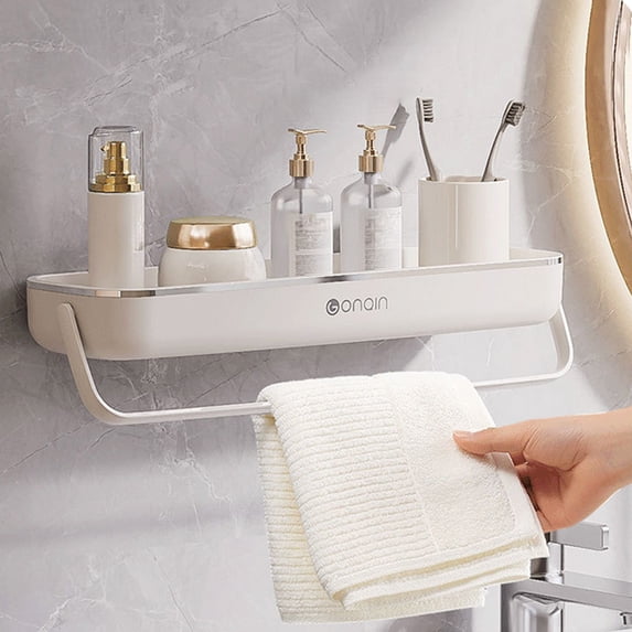 Wall Mounted Bathroom Shelf with Towel Bar, No Drill Plastic Storage Rack for Shower & Kitchen Organization 16in