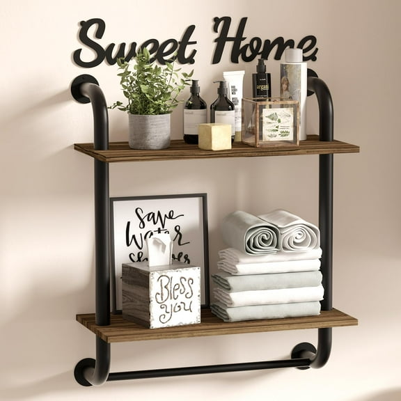 Wall Mounted Bathroom Shelves, Rustic Farmhouse Pipe Shelf with Industrial Style, 2-Tier Floating Shelf for Home Decor, Brown (17.3 Inch)