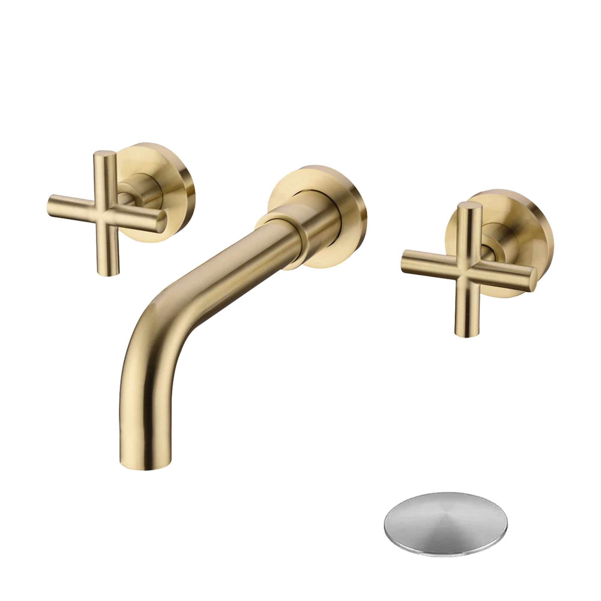 Wall Mounted Bathroom Sink Faucet with Pop-Up Drain (No Overflow), Dual Cross Handle, Anti-Splash Aerator