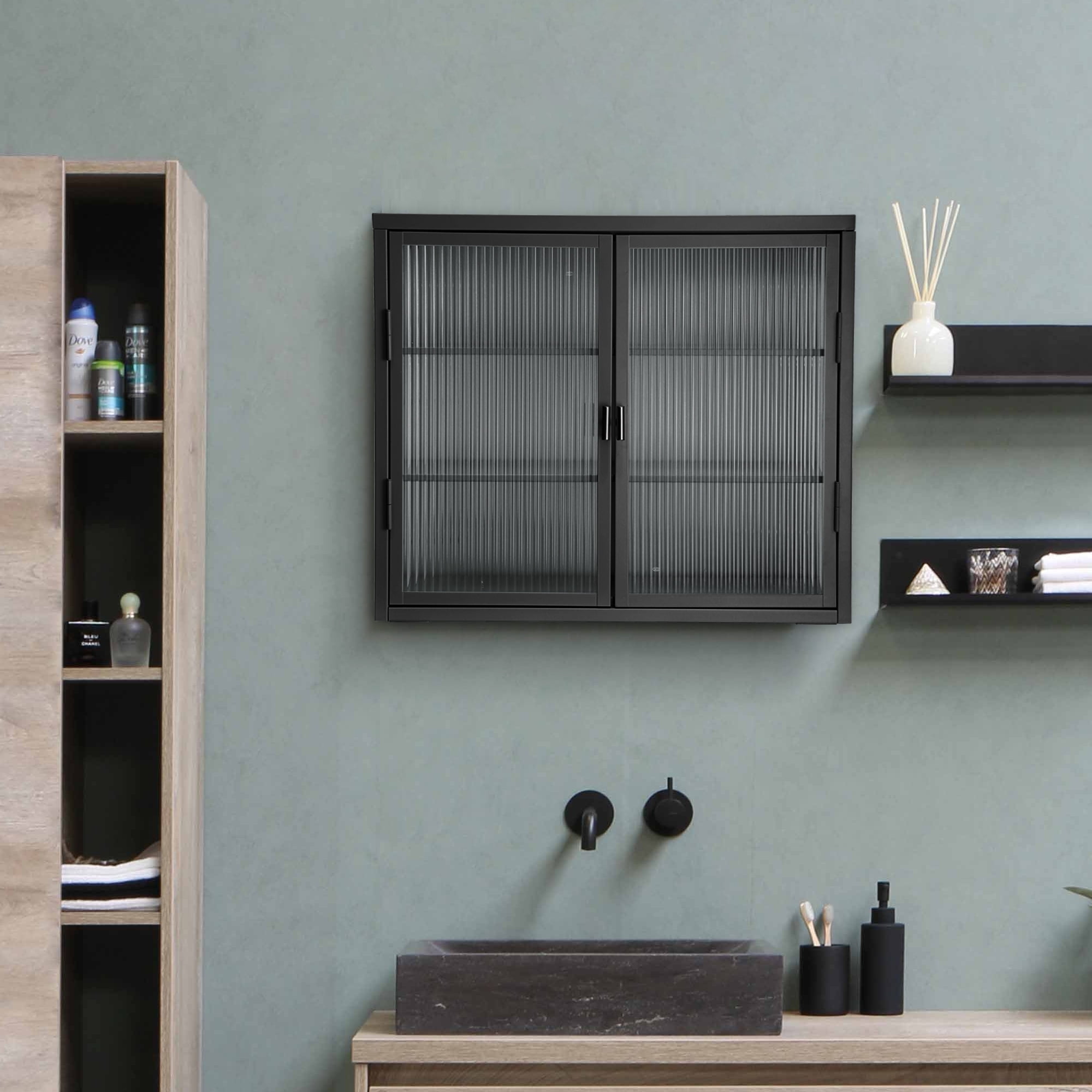 Wall Mounted Bathroom Storage Cabinet, Retro Double Glass Door Wall ...