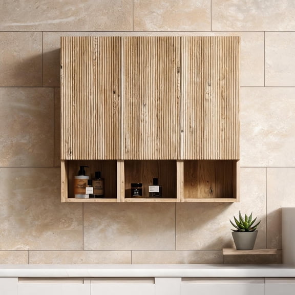 Wall-Mounted Bathroom Storage Cabinet Set 3-Piece Floating Design, 35.5-Inch Wide, Oak Finish