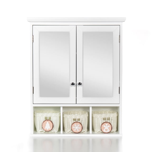 Wall Mounted Bathroom Storage Cabinet with Mirror, White MDF Medicine Cabinet 2 Doors Adjustable Shelves + 3 Christmas Baskets for Laundry Kitchen