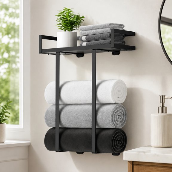 Wall Mounted Bathroom Towel Rack with Wooden Shelf, Metal Towel Holder for Large Towels, Space Saving Storage for Small Bathrooms and RV Camping