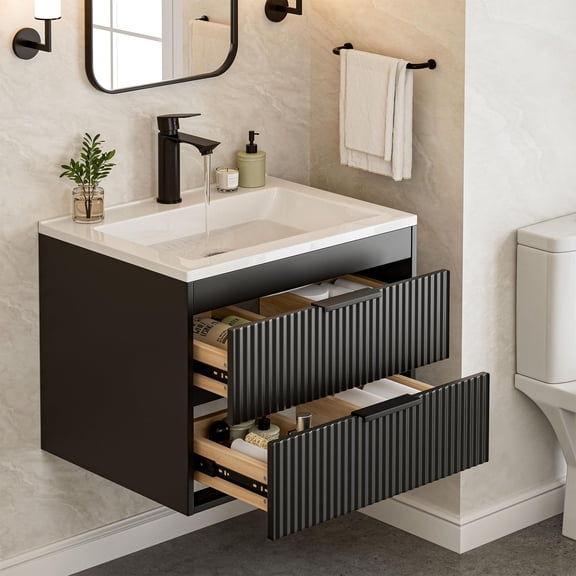 Wall Mounted Bathroom Vanity Sink Combo, Floating Powder Room Storage Cabinet, Compact Restroom Basin Unit Double Soft Close Drawers, Modern Minimalist Style
