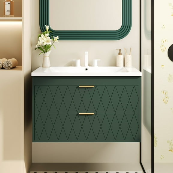 Wall Mounted Bathroom Vanity With 2 Drawers - Resin Sink For Functional Bathrooms 30'' Storage Cabinet Modern