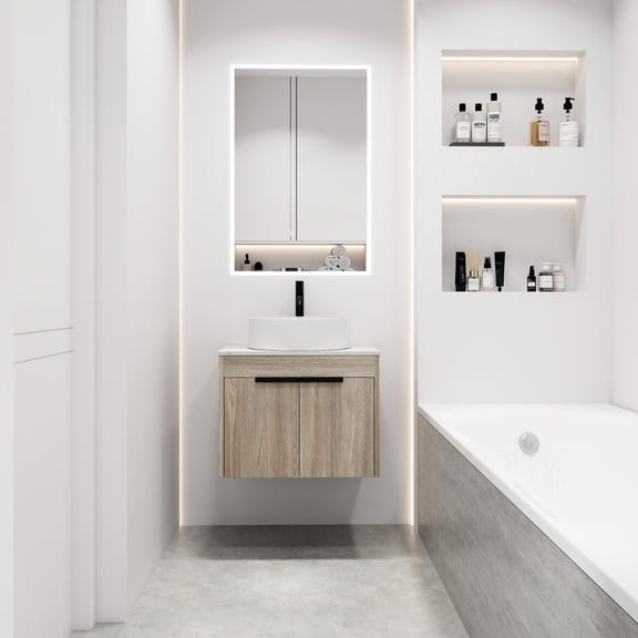 Wall Mounted Bathroom Vanity with Smooth Surface Sink, Stone Slab - Facilitate Bathroom Cleaning