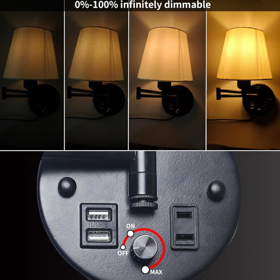 Wall Mounted Bedside Lamps with USB and 2 Pin Socket - Dimmable Swing Arm Wall Sconce for Bedroom