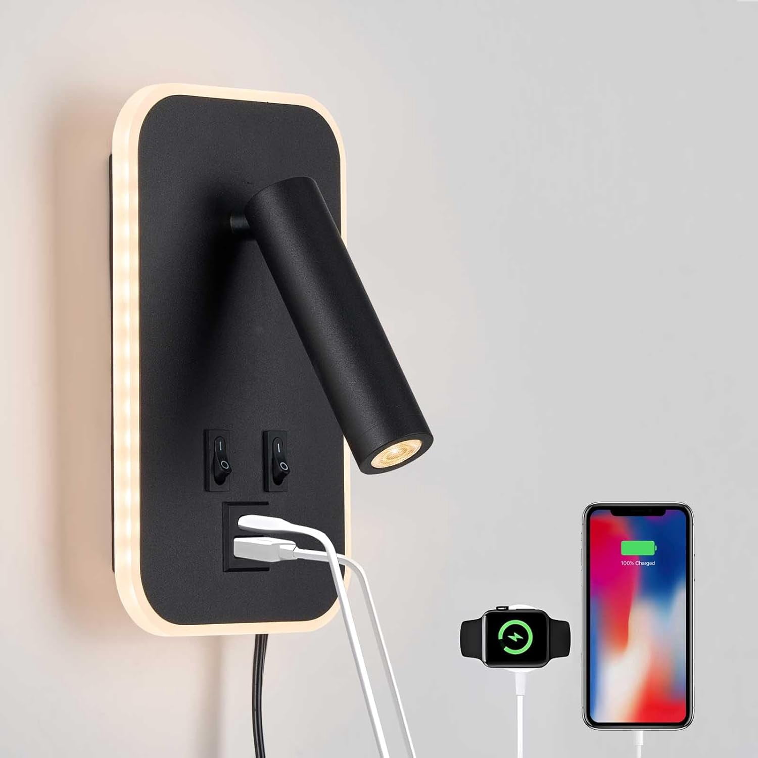 Wall Mounted Bedside Reading Light with 10W+3W Adjustable Headboard Lamp, USB-C+A Ports, Hardwired Plug-in Wall Sconce, 3000K Warm White, Black Finish