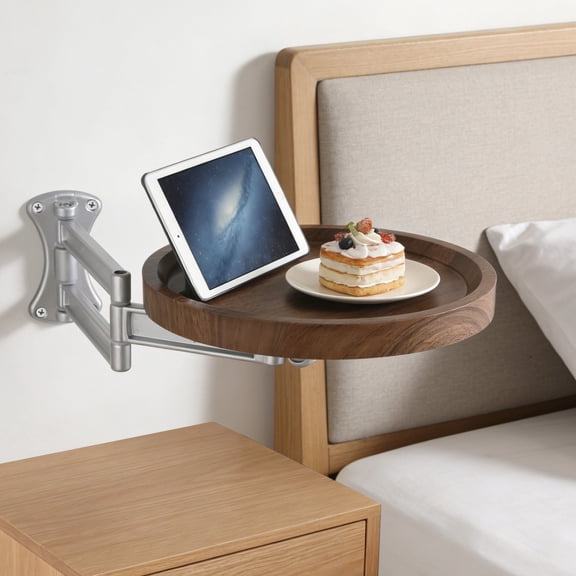 Wall Mounted Bedside Shelf, 11 in Walnut Wood Round Tabletop with Foldable Metal Bracket, Space Saving Design Nightstand, Adjustable Floating Table for Bedroom, Living Room & Study