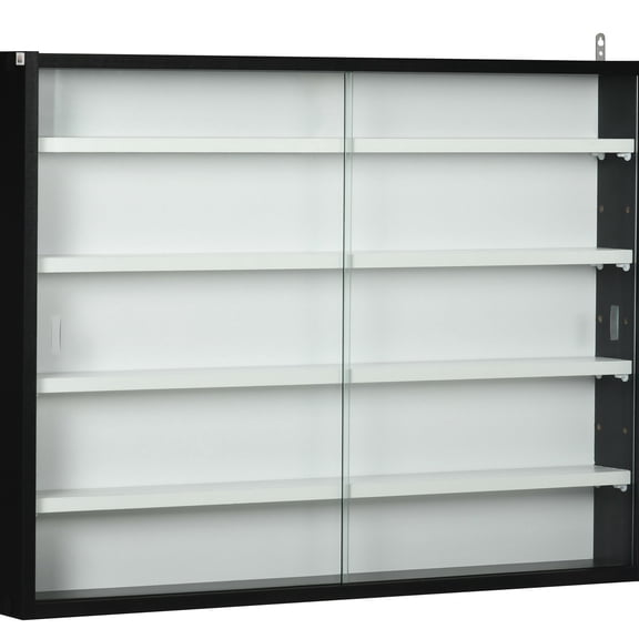 Wall-Mounted Black & White Glass Display Case | Showcase Small Items Freely | Particle Board Material | Large-Area Glass Doors for Unobstructed View