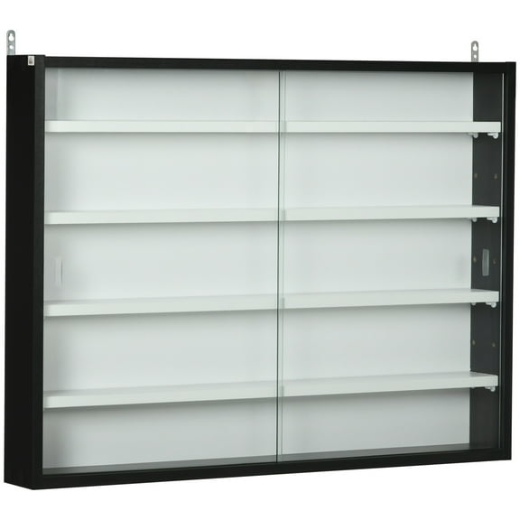 Wall-Mounted Black and White 31.5 x 3.75 x 23.5 Glass Display Cabinet with Adjustable Shelves for Collectibles and Miniatures