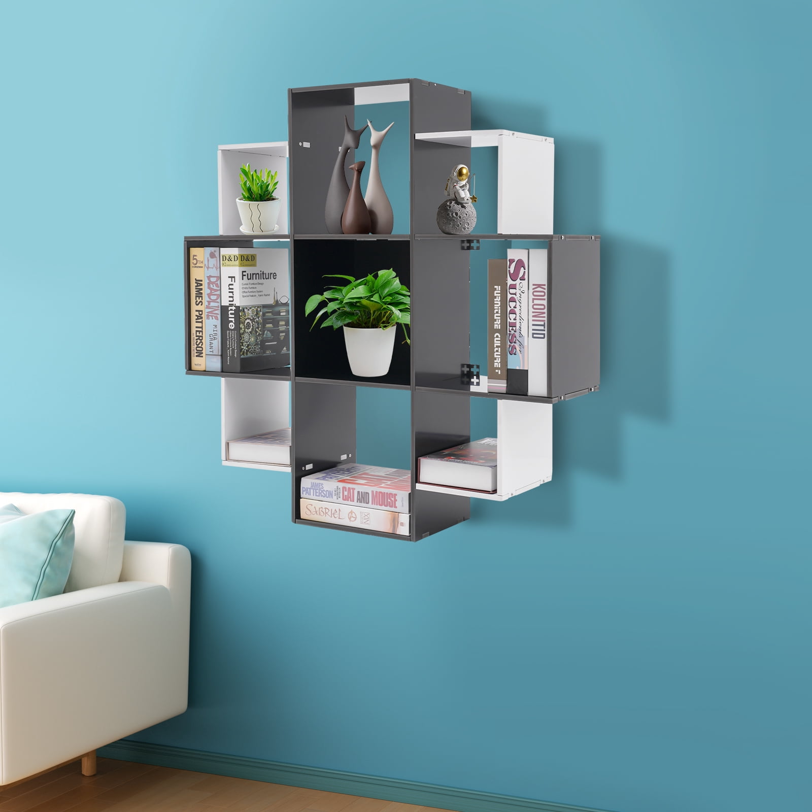 Wall Mounted Bookshelf with 9 Compartments, Modern PVC Board Floating ...