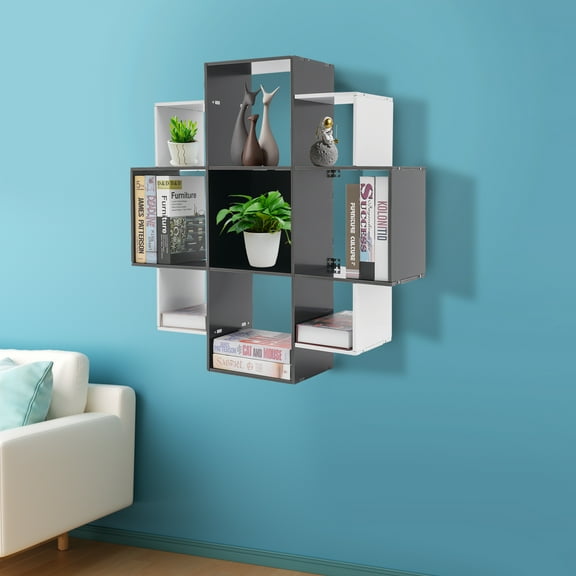 Wall Mounted Bookshelf with 9 Compartments, Modern PVC Board Floating Storage Shelf, Space-Saving Display Rack for Books, Collectibles, Office & Home Dcor