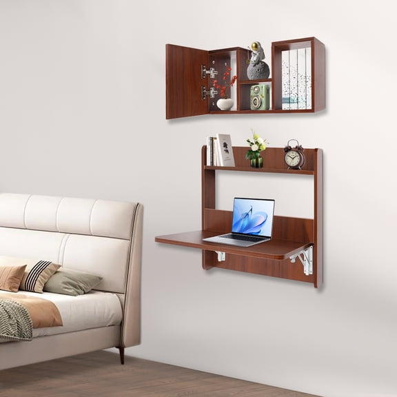 Wall Mounted Bookshelf, Solid Wood Floating Desk for Small Spaces, 88lbs Load, Space-Saving Home Office Study Table (Light Walnut Color/White/Grey/Walnut Color Optional)