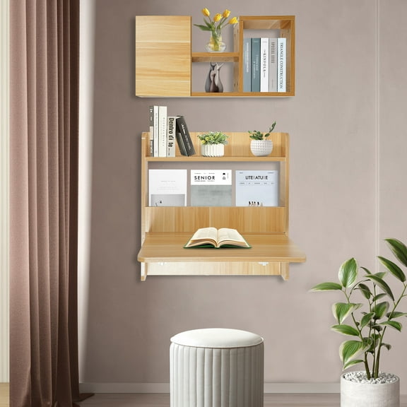 Wall Mounted Bookshelf, Solid Wood Floating Desk for Small Spaces, 88lbs Load, Space-Saving Home Office Study Table (Light Walnut Color/White/Grey/Walnut Color Optional)