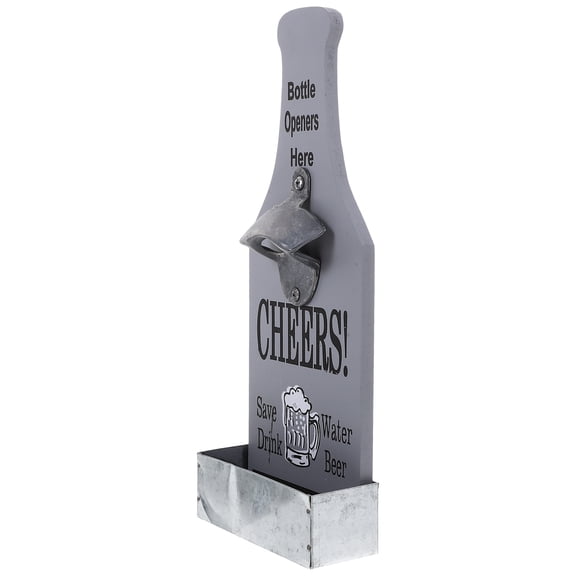 Wooden Wall Mounted Bottle Opener with Cap Catcher Holder, Grey Beer Opener for Kitchen, Home Bar Wall Hanging Decor