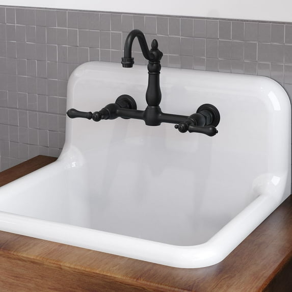 Wall Mounted Bridge Kitchen Faucet with Metal Lever Handles - 7 Inch Spout Reach