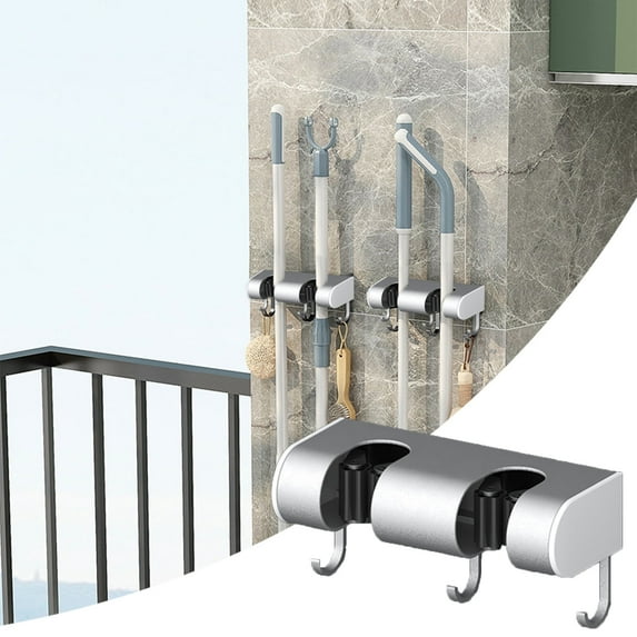 Wall Mounted Broom Mop Organizer Rack Heavy-Duty Storage Holder | Adjustable Grip Slots & Hooks | Space-Saving Plastic Rack for Kitchen, Laundry Room, Garage, Garden | Black Gray Silver |