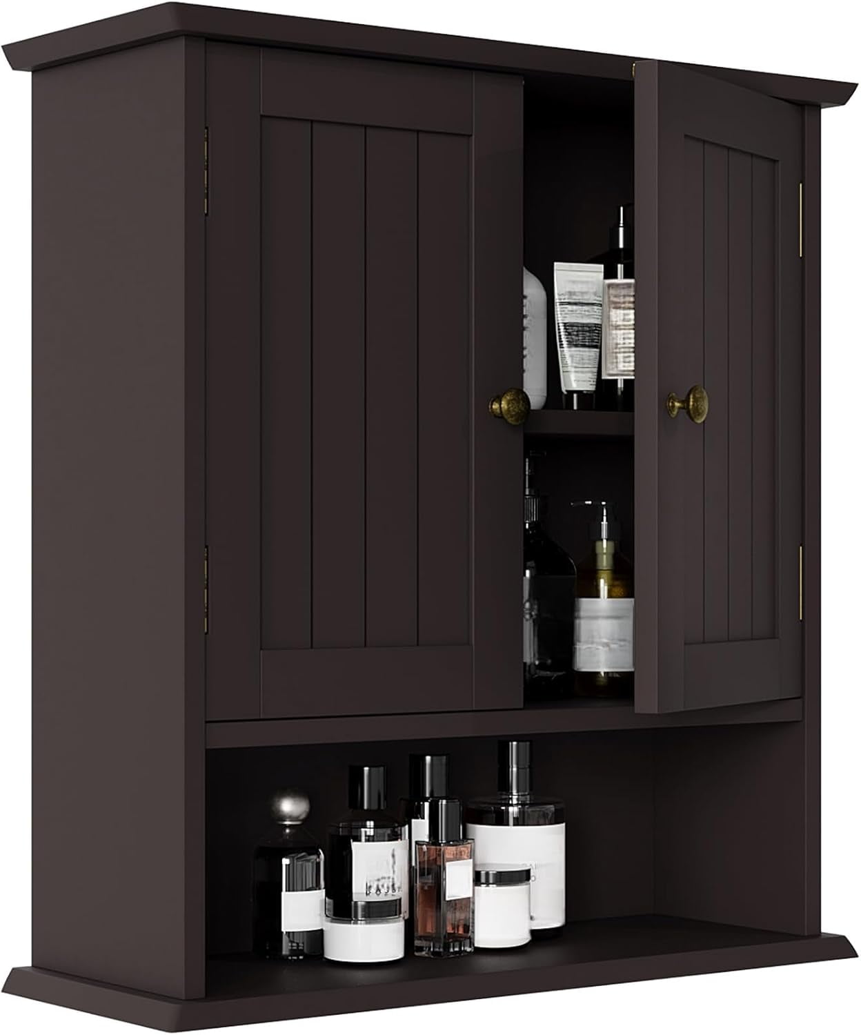 Brown MDF Wall Mounted Bathroom Cabinet with Adjustable Shelves