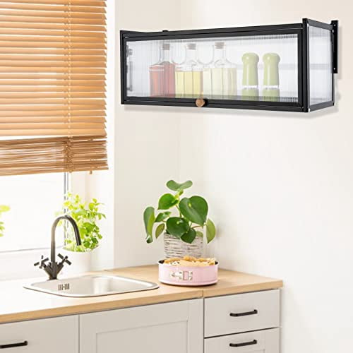 Wall-Mounted Cabinet, 90  Flip-Up Glass Door Wall Cabinet, Translucent Strip Kitchen Wall Cabinet for The Kitchen, Living Room, Office, Etc. 33.5 * 11inch -Black