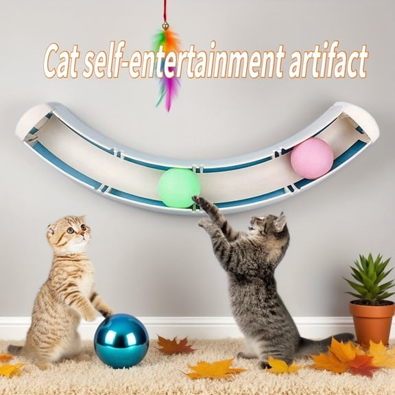 Wall-Mounted Cat Ball Track Toy with Hanging Feather - Interactive Self-Entertain Cat Toy for Indoor Cats