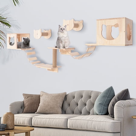 Wall Mounted Cat Climbing Frame Cat Tree House Wooden Sturdy Platform House Pet Bridge Perches for Sleeping Playing Climbing