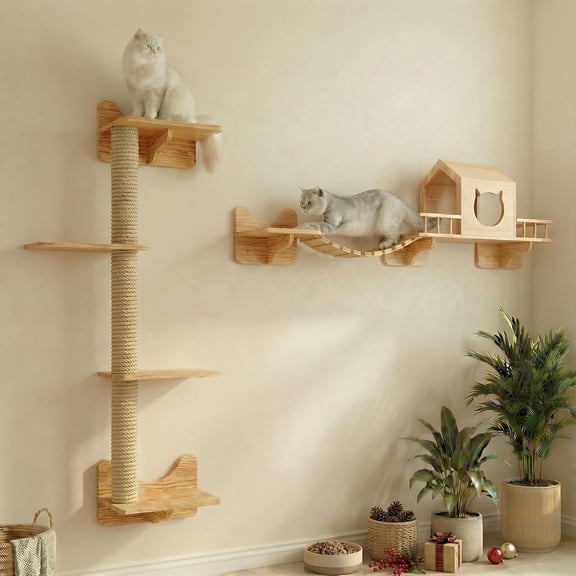 Wall Mounted Cat Climbing Furniture Set with Cat House, Bridge Ladder, 3 Scratching Posts & 5 Steps, Wall Cat Shelves for Large Cats