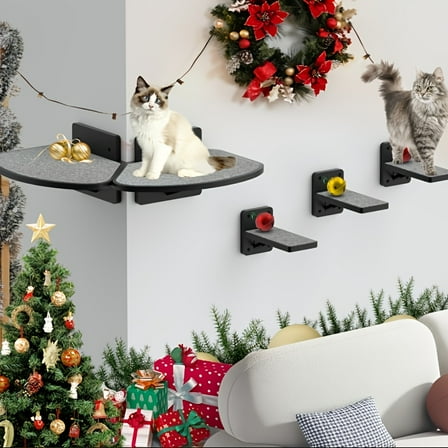 Wall-Mounted Cat Furniture - 2PCS Shelves and Perches With 3 Steps and Scratching Pad, Climbing Condo Fit for Cats Up to 15Lbs, Wood Hammock Mount