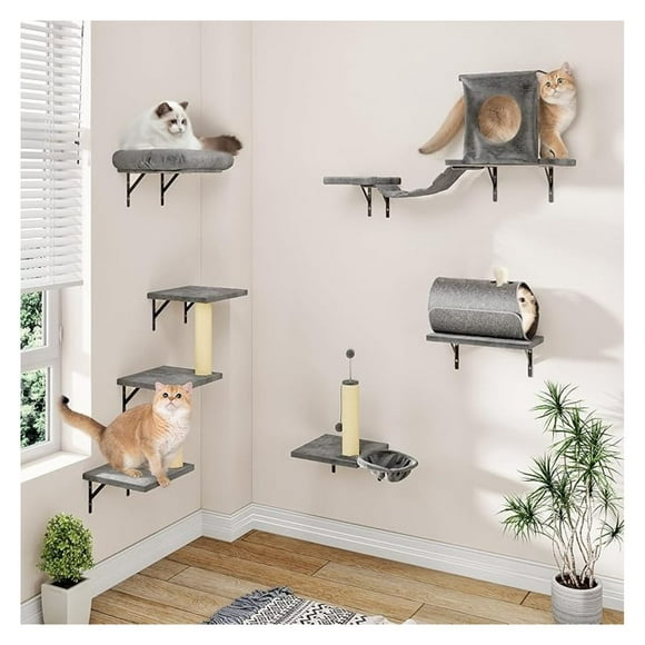 Wall Mounted Cat Furniture Set - 7 Pcs Climber Set With House, Tunnel, Bridge, Steps, Hammock, Wooden Climbing Wall with Scratching Post - DIY Walls , Indoor Cat Shelves -Light Gray