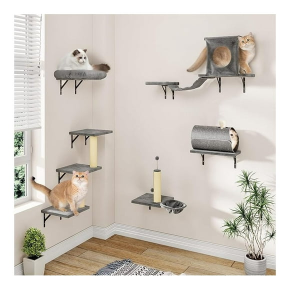 Wall Mounted Cat Furniture Set - 7 Pcs Climber Set With House, Tunnel, Bridge, Steps, Hammock, Wooden Climbing Wall with Scratching Post - DIY Walls , Indoor Cat Shelves -Light Gray