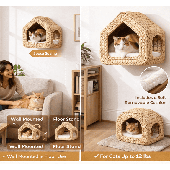 Wall Mounted Cat House Woven Cat Condo Hanging Cat Bed Natural Seagrass Cat Cave with Cushion Indoor Cat Shelf Hideaway Space Saving Cat Furniture for Small Medium Cats Living Room Bedroom