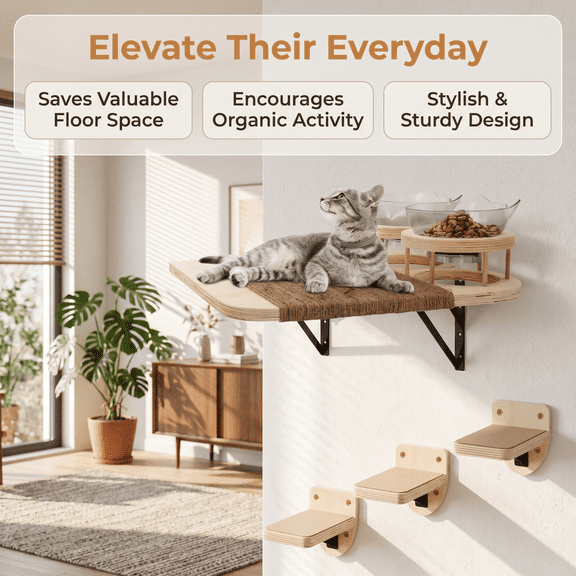 Wall Mounted Cat Perch, Climbing Shelves, Plush Covered Set with 3 Steps & Cat Hammock