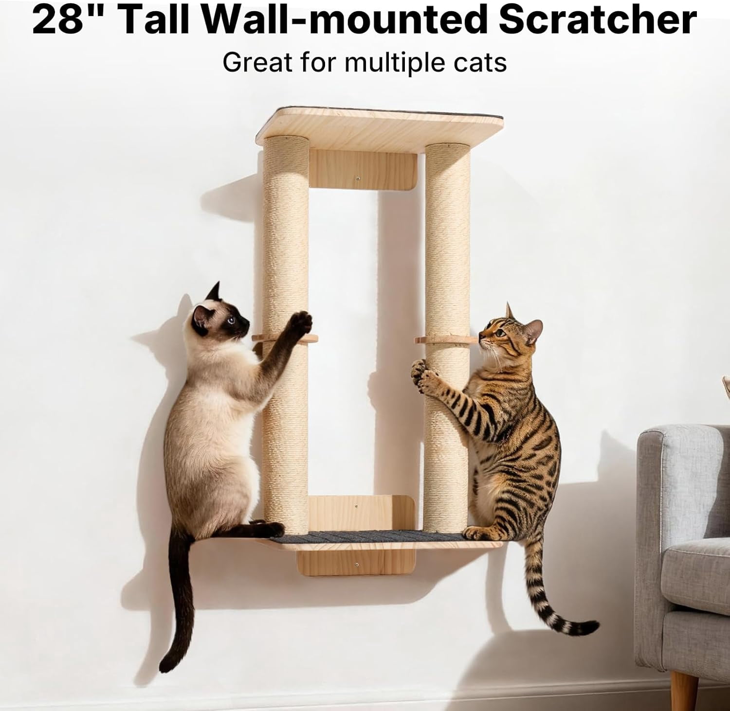 Wall Mounted Cat Scratcher, 28.3" Cat Wall Scratcher with Dual Sisal Scratching Posts and Large Carpeted Perch, Corner Climbing Pole for Indoor Cats