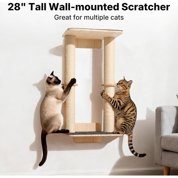 Wall Mounted Cat Scratcher, 28.3" Cat Wall Scratcher with Dual Sisal Scratching Posts and Large Carpeted Perch, Corner Climbing Pole for Indoor Cats