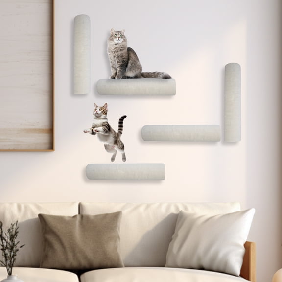 Wall Mounted Cat Scratching Post & Climbing Ladder, Self-Adhesive Cylinder Cat Toy, Heavy-Duty Plush Scratch Board for Indoor Cats, Tool-Free Installation