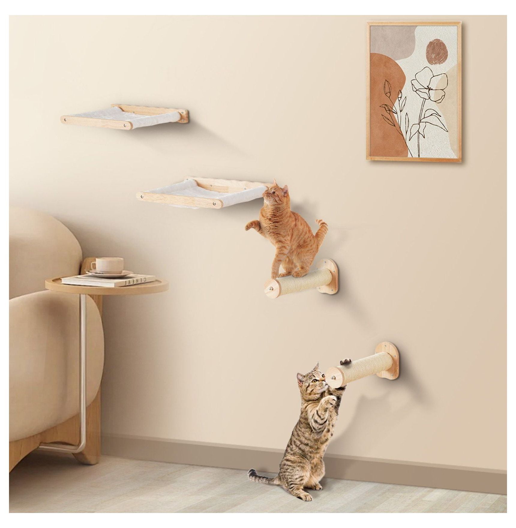 Wall Mounted Cat Shelves, Cat Wall Furniture with 2 Hammocks & Posts