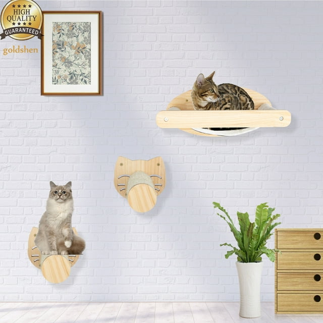 WallMounted Cat Shelves Set W/2 Cute Cat Scratching Posts Hammock Bed