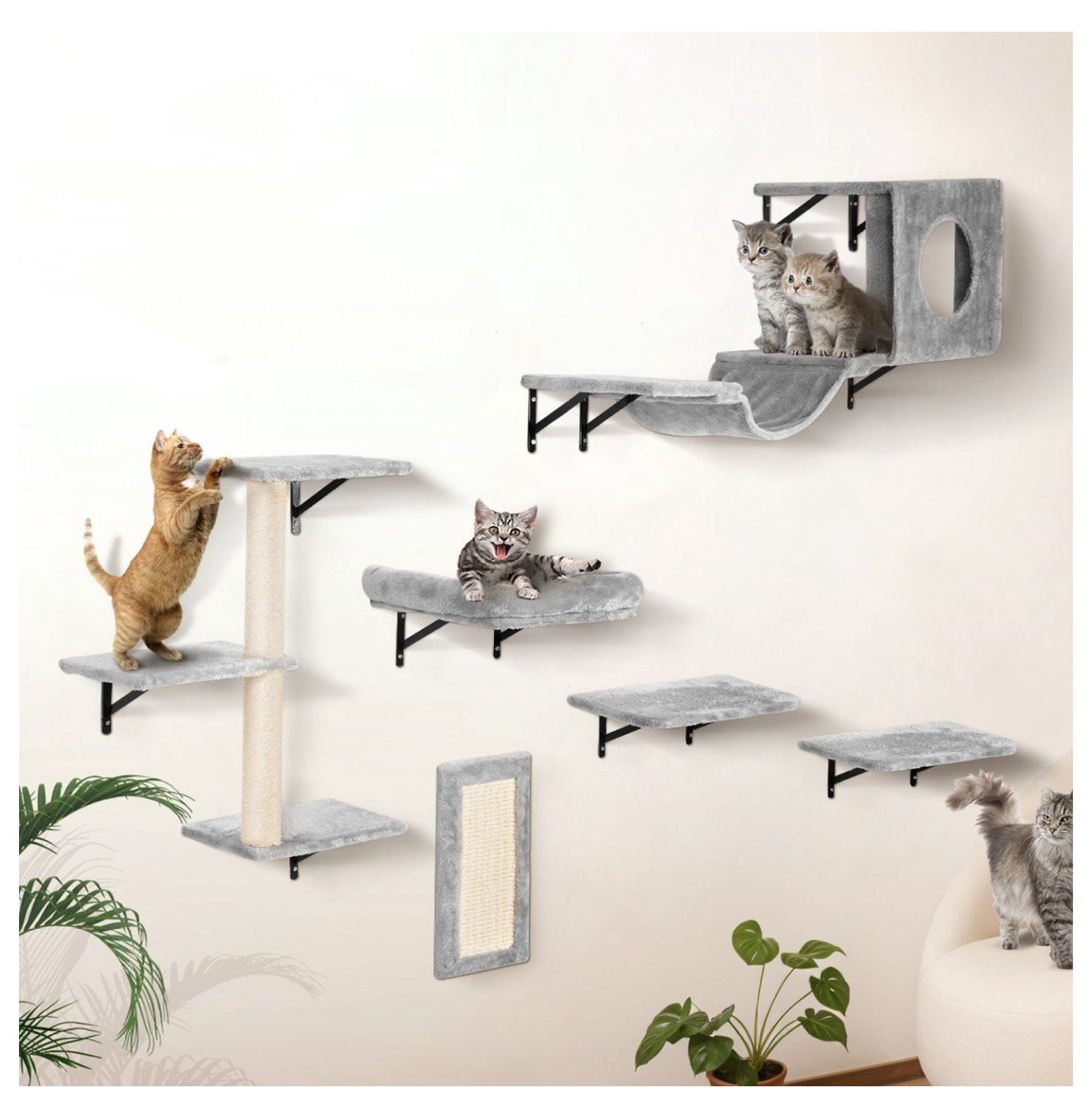 Wall Mounted Cat Shelves Tree, 6Pcs Cat Wall Furniture with Jump Boards, Hammock, Sofa, Grip - Modern Cat Wall Shelves for Indoor Cats
