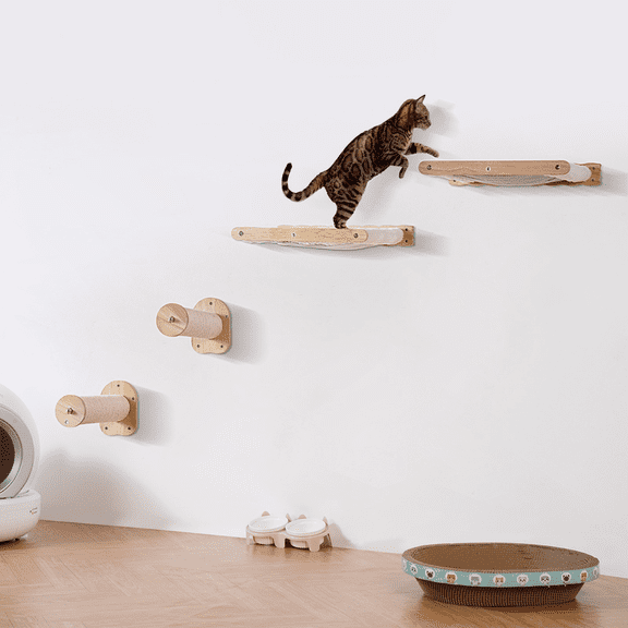 Wall Mounted Cat Shelves with 2 Jumping Posts and 2 Hammocks, Natural Oak Cat Wall Furniture, 40 lb Capacity, Space-Saving Cat Playground