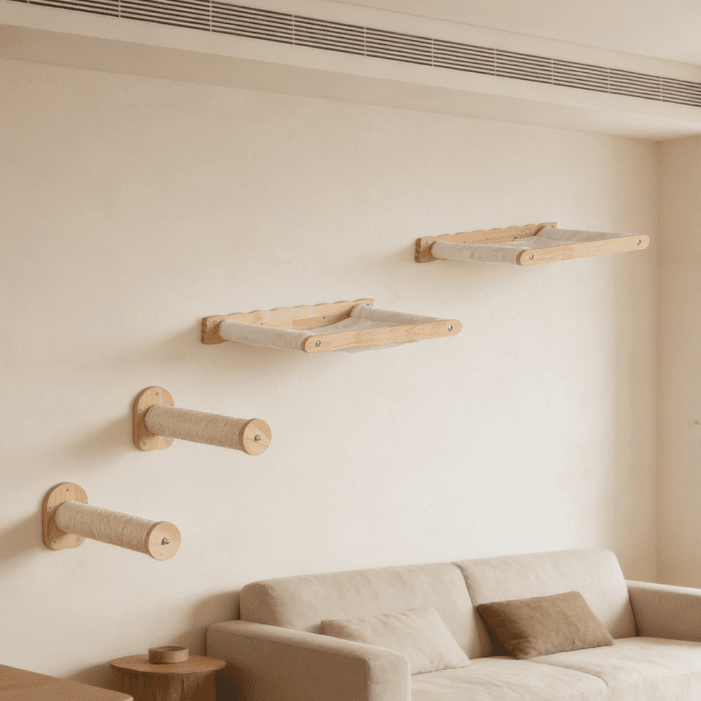 Wall Mounted Cat Shelves with 2 Posts & Hammocks, Holds Up To 40lbs