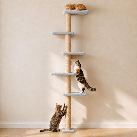 Wall Mounted Cat Tree, 80" Tall Cat Climbing Tower with Sisal Scratching Post & 5 Perches, Space Saving Cat Wall Furniture for Indoor Cats, Vertical Cat Wall Shelves and Perches, Beige
